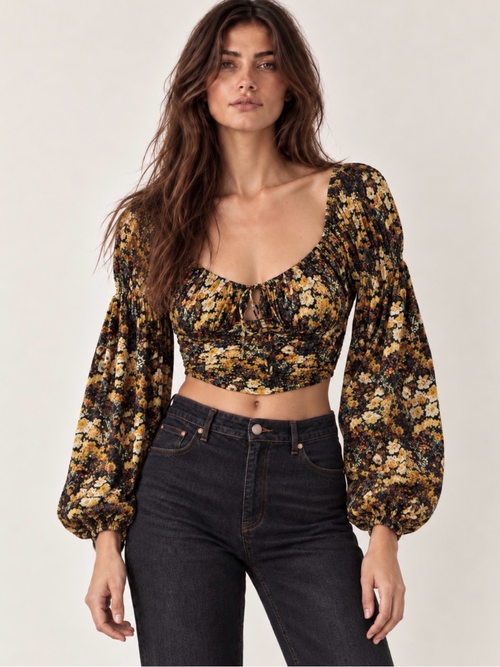 Urban Outfitters Elowen Floral Puff Sleeve Crop Top XS